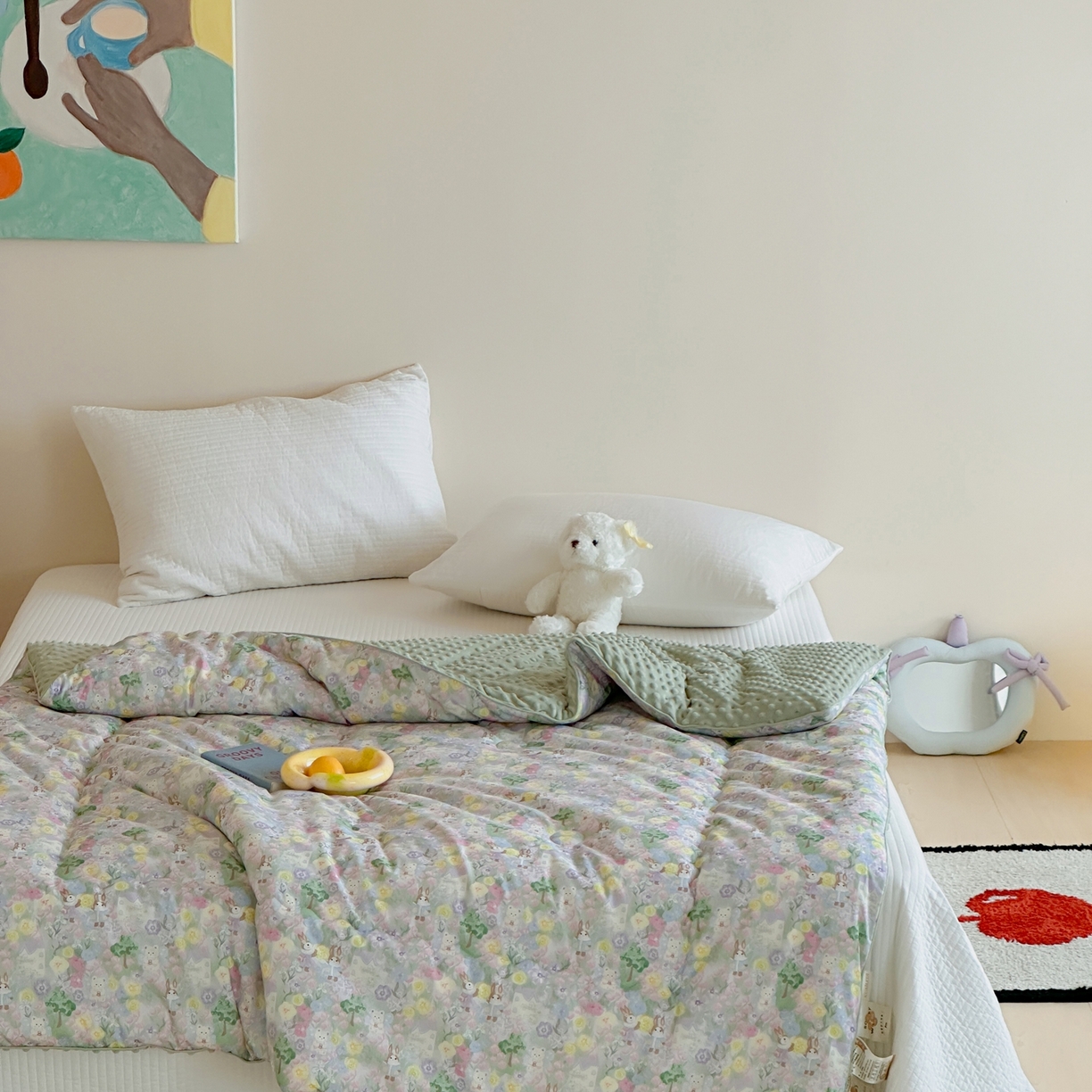 91家纺网 家纺一手货源 找家纺 月夏 2025新款全棉数码印花高克重豆豆被 油画小兔