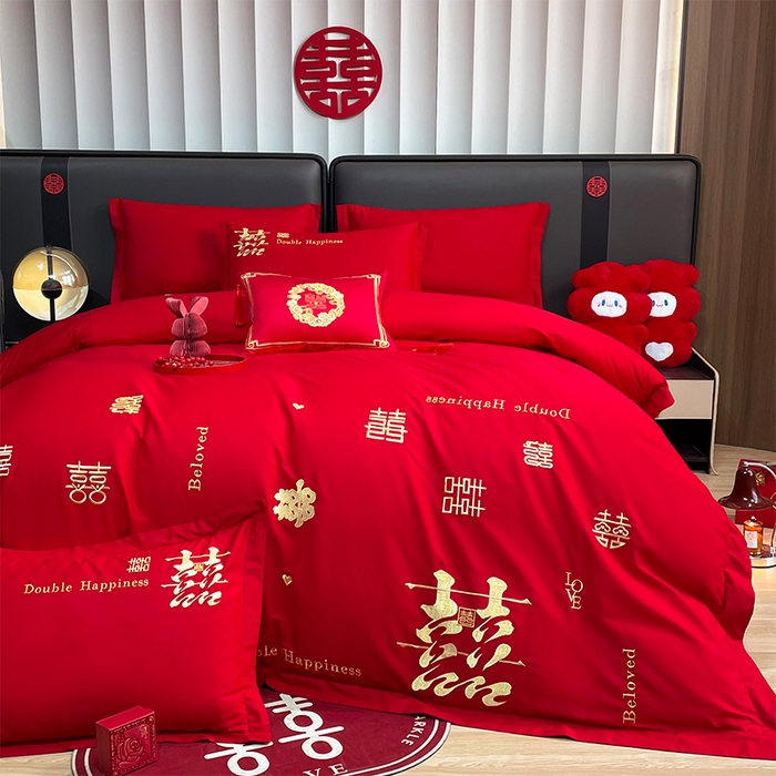 91家纺网 家纺一手货源 找家纺 2025新款喷气全棉13376纯棉刺绣花婚庆四件套/大红婚庆床上用品高档新中式喜来登金