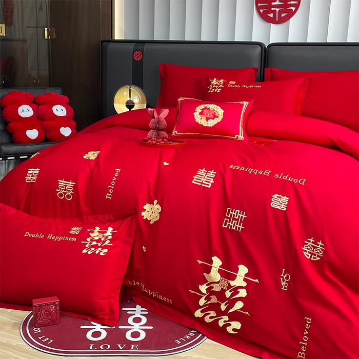91家纺网 家纺一手货源 找家纺 2025新款喷气全棉13376纯棉刺绣花婚庆四件套/大红婚庆床上用品高档新中式喜来登金