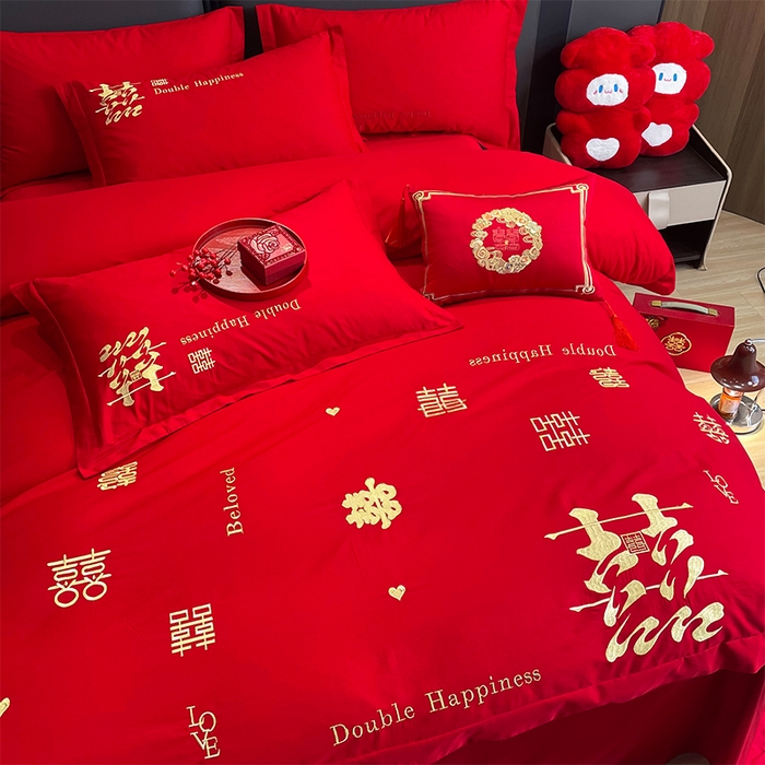 91家纺网 家纺一手货源 找家纺 2025新款喷气全棉13376纯棉刺绣花婚庆四件套/大红婚庆床上用品高档新中式喜来登金