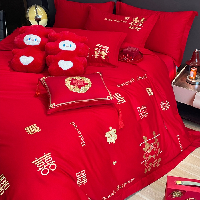 91家纺网 家纺一手货源 找家纺 2025新款喷气全棉13376纯棉刺绣花婚庆四件套/大红婚庆床上用品高档新中式喜来登金