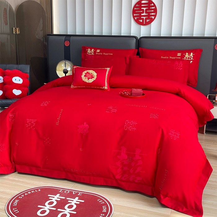 91家纺网 家纺一手货源 找家纺 2025新款喷气全棉13376纯棉刺绣花婚庆四件套/大红婚庆床上用品高档新中式喜来登红