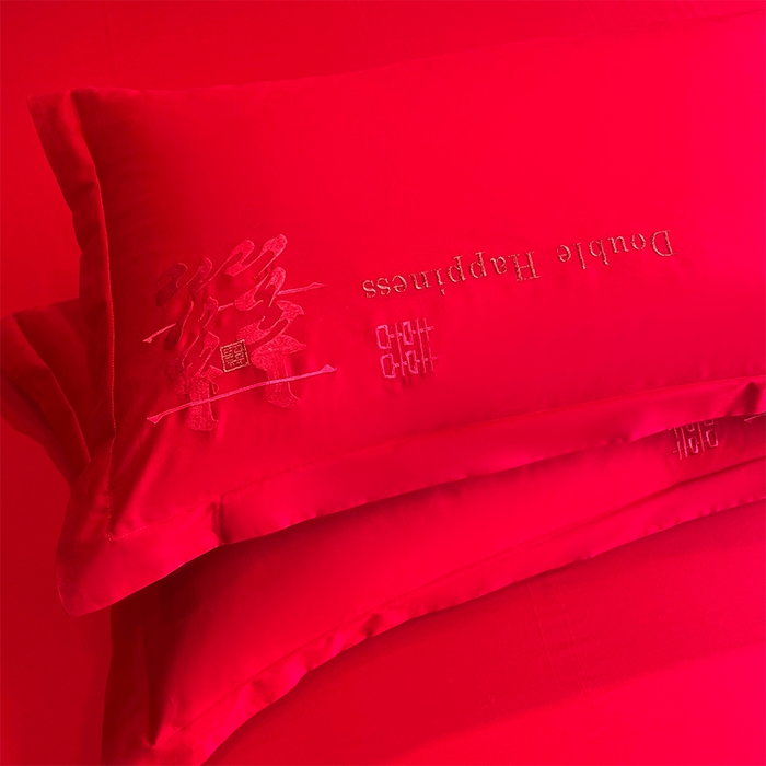 91家纺网 家纺一手货源 找家纺 2025新款喷气全棉13376纯棉刺绣花婚庆四件套/大红婚庆床上用品高档新中式喜来登红
