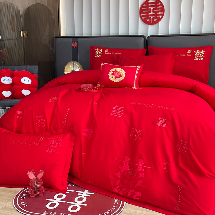 91家纺网 家纺一手货源 找家纺 2025新款喷气全棉13376纯棉刺绣花婚庆四件套/大红婚庆床上用品高档新中式喜来登红