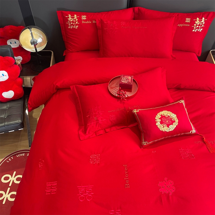 91家纺网 家纺一手货源 找家纺 2025新款喷气全棉13376纯棉刺绣花婚庆四件套/大红婚庆床上用品高档新中式喜来登红