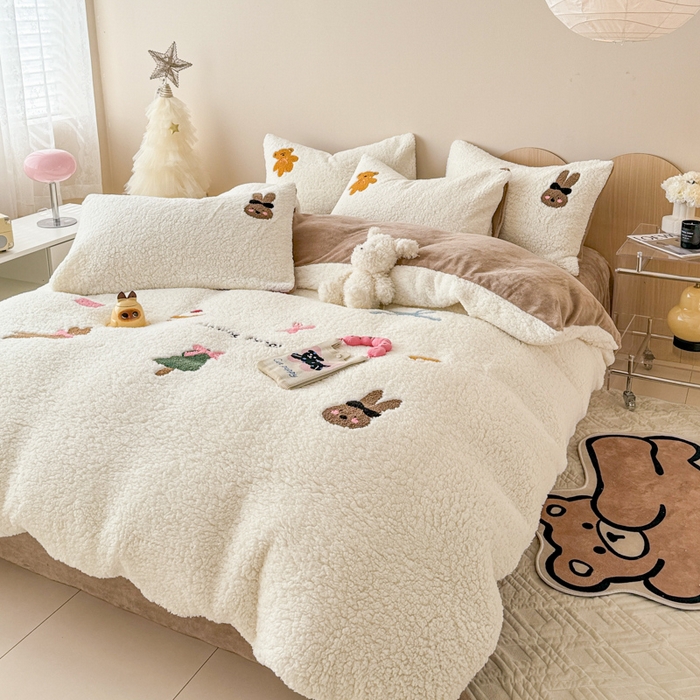 91家纺网 家纺一手货源 找家纺 懒猫家纺 2025新款羊羔绒刺绣四件套 奇妙兔