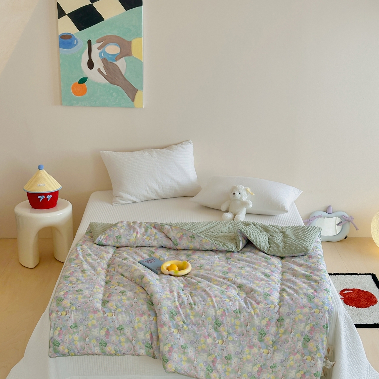 91家纺网 家纺一手货源 找家纺 月夏 2025新款全棉数码印花高克重豆豆被 油画小兔