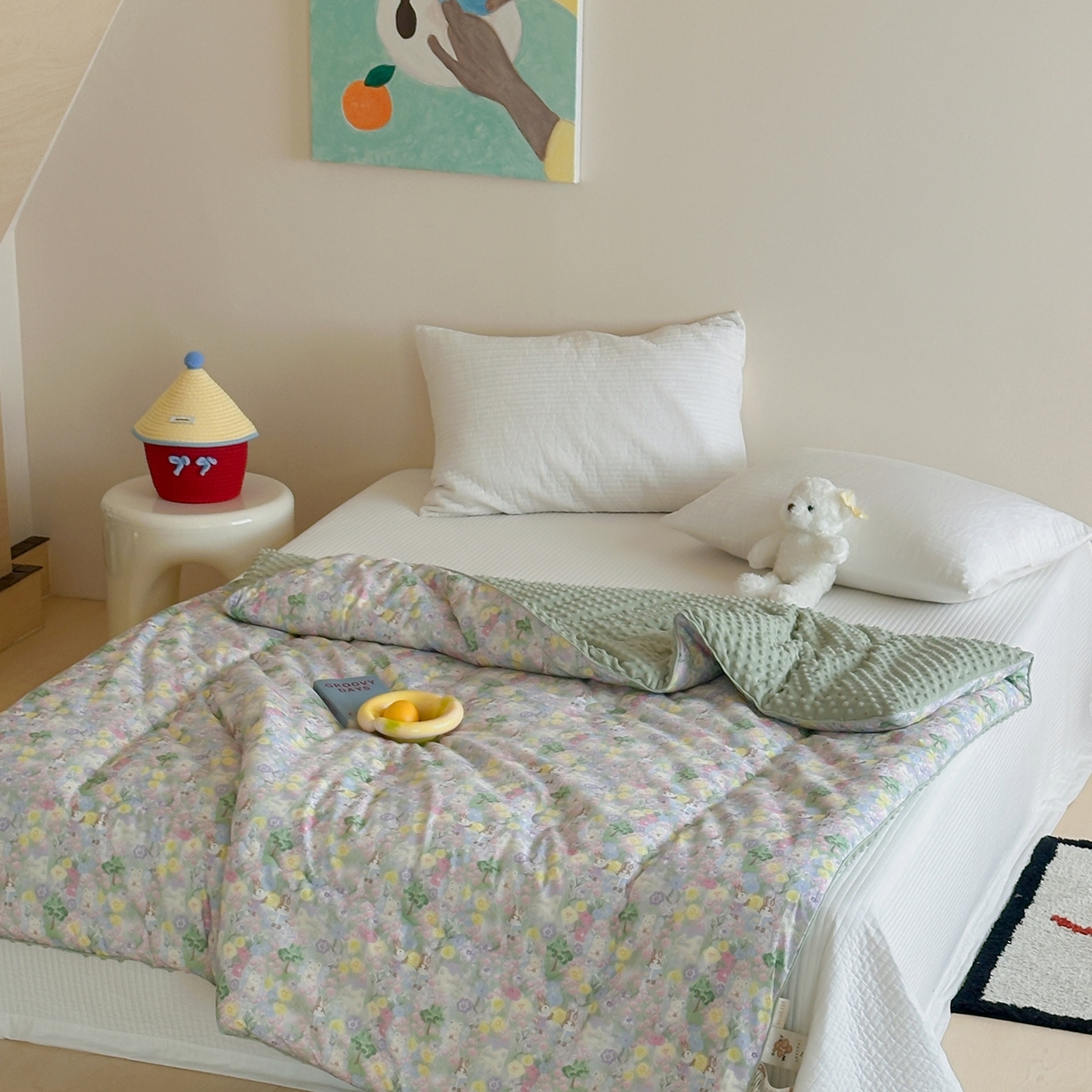 91家纺网 家纺一手货源 找家纺 月夏 2025新款全棉数码印花高克重豆豆被 油画小兔