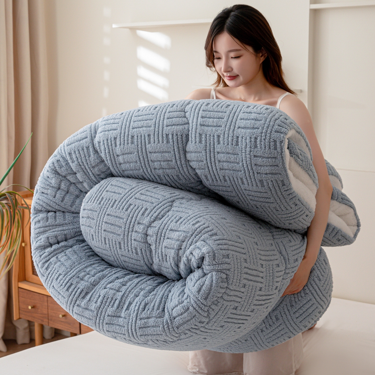 91家纺网 家纺一手货源 找家纺 牛魔王家居 2025新款加厚保暖羊羔绒冬被被子舒棉绒提花塔芙绒外贸跨境专供 暖冬系列-雾霾灰