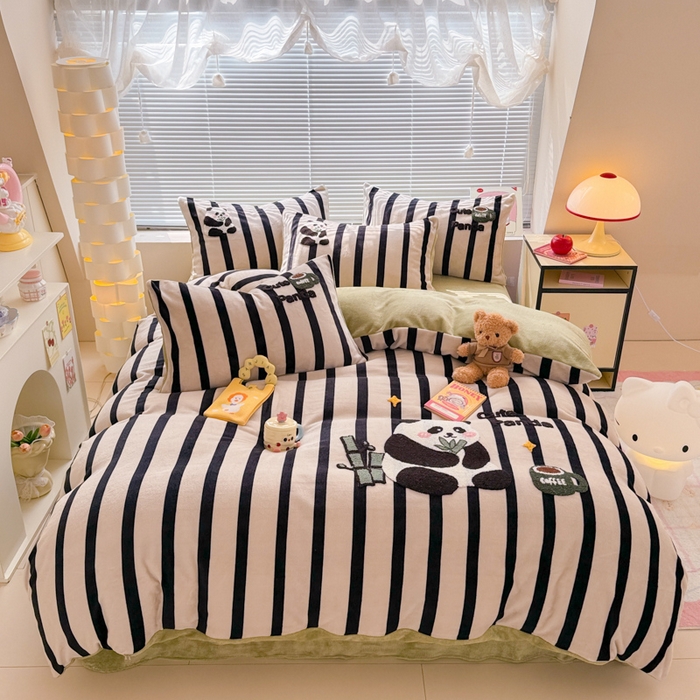 懒猫家纺 2025新款印花牛奶绒毛巾绣四件套 咖啡熊猫