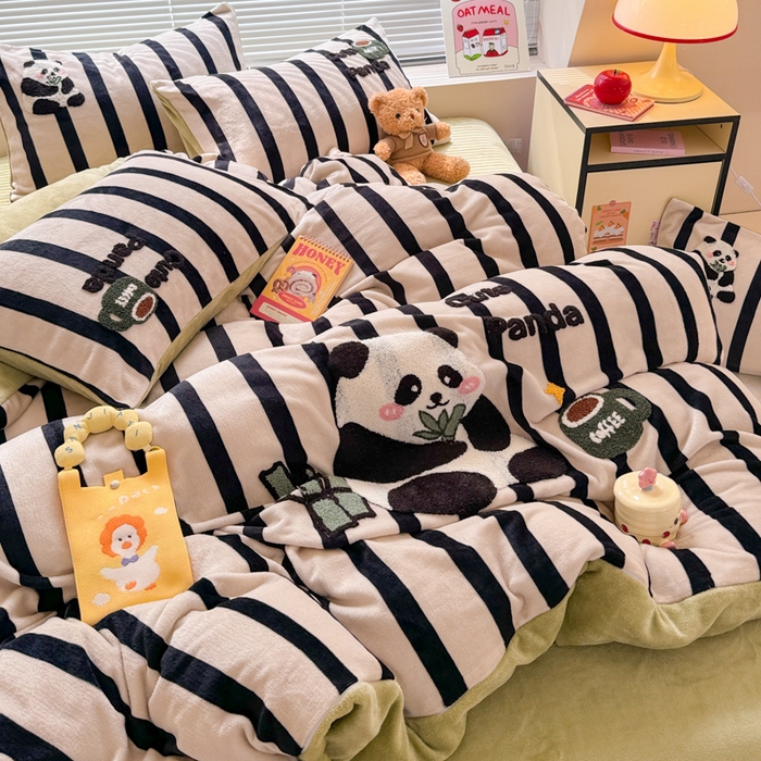 91家纺网 家纺一手货源 找家纺 懒猫家纺 2025新款印花牛奶绒毛巾绣四件套 咖啡熊猫