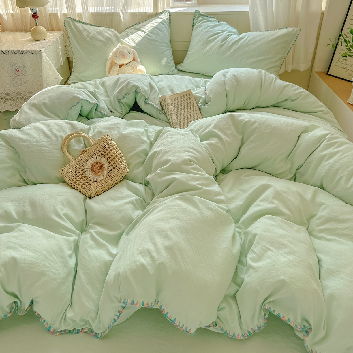 91家纺网 家纺一手货源 找家纺 冕悠家纺 2025新款A类七彩贝壳边水洗棉四件套 七彩-春芜绿