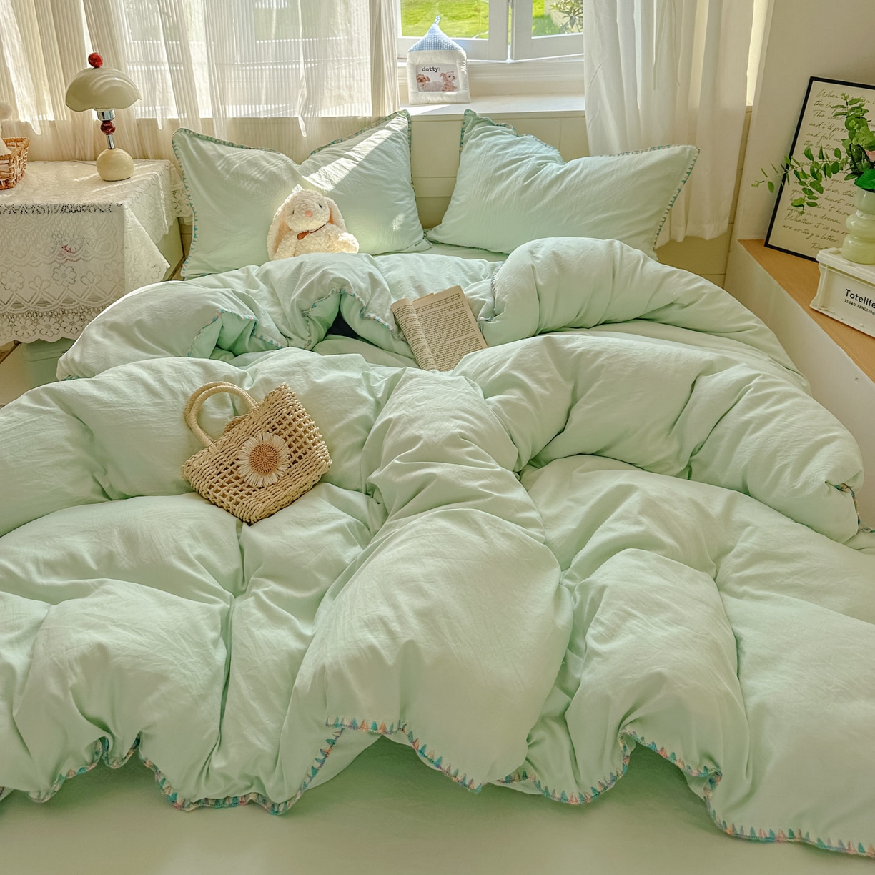 91家纺网 家纺一手货源 找家纺 冕悠家纺 2025新款A类七彩贝壳边水洗棉四件套 七彩-春芜绿