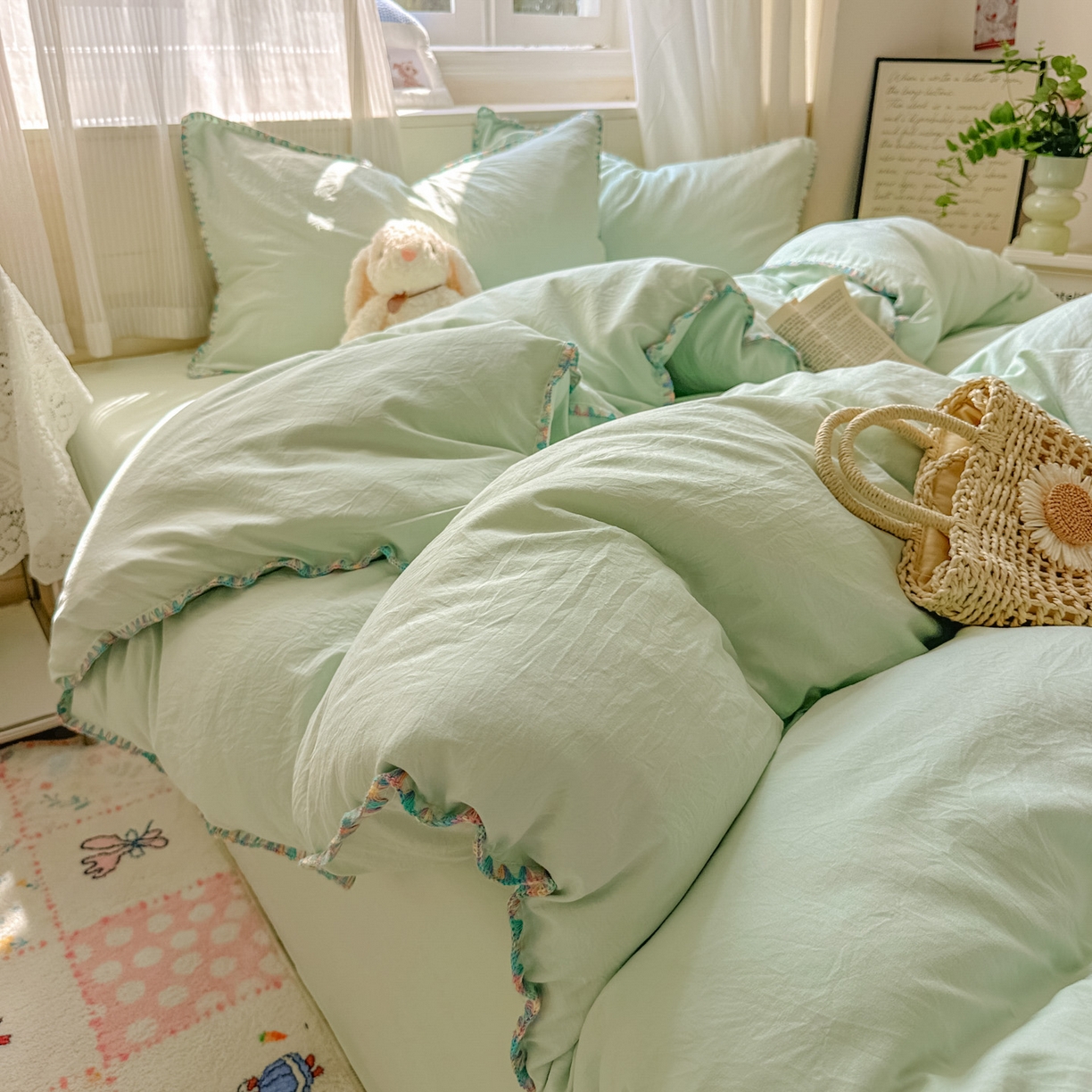 91家纺网 家纺一手货源 找家纺 冕悠家纺 2025新款A类七彩贝壳边水洗棉四件套 七彩-春芜绿