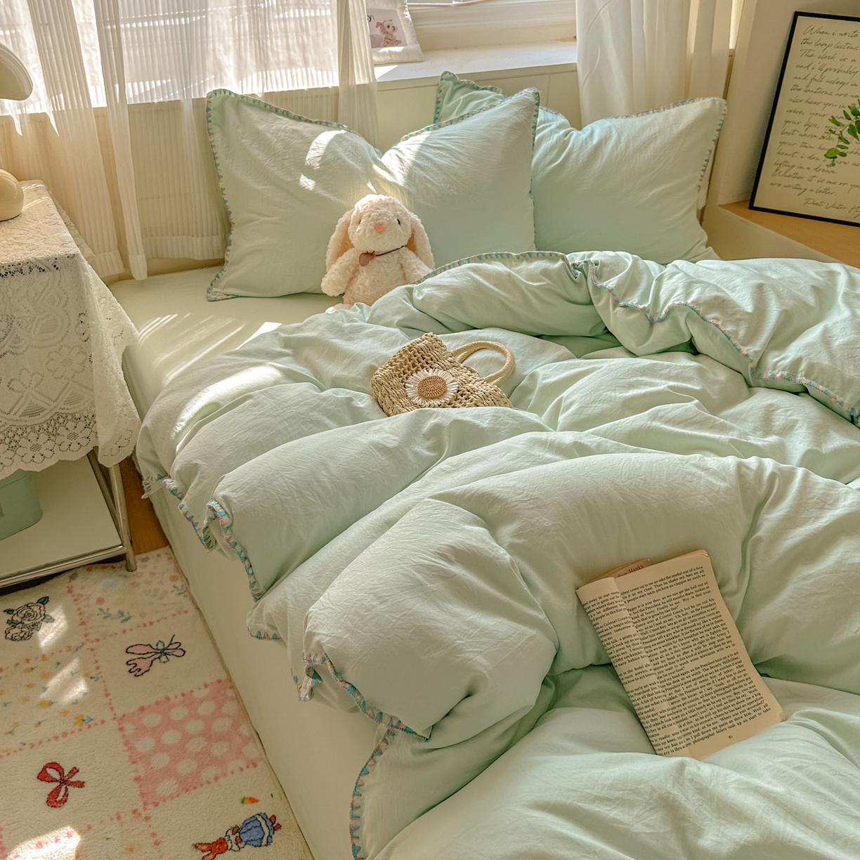 91家纺网 家纺一手货源 找家纺 冕悠家纺 2025新款A类七彩贝壳边水洗棉四件套 七彩-春芜绿