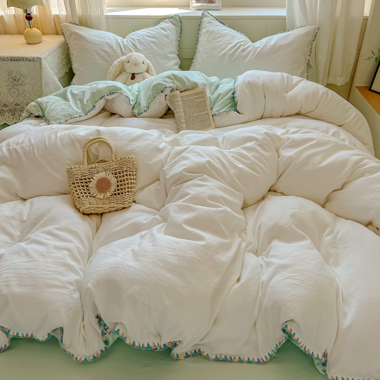 91家纺网 家纺一手货源 找家纺 冕悠家纺 2025新款A类七彩贝壳边水洗棉四件套 七彩-春芜绿奶白