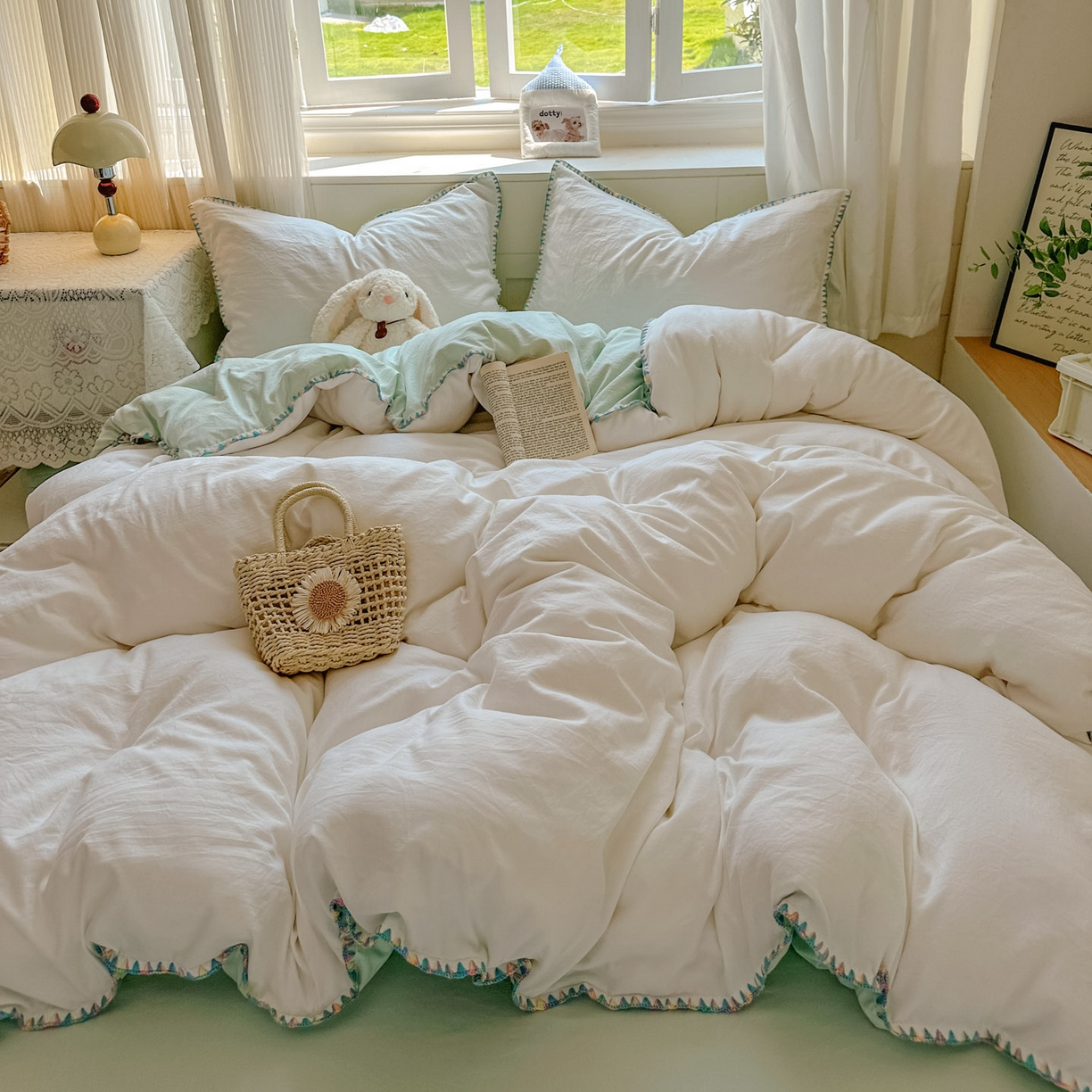 91家纺网 家纺一手货源 找家纺 冕悠家纺 2025新款A类七彩贝壳边水洗棉四件套 七彩-春芜绿奶白