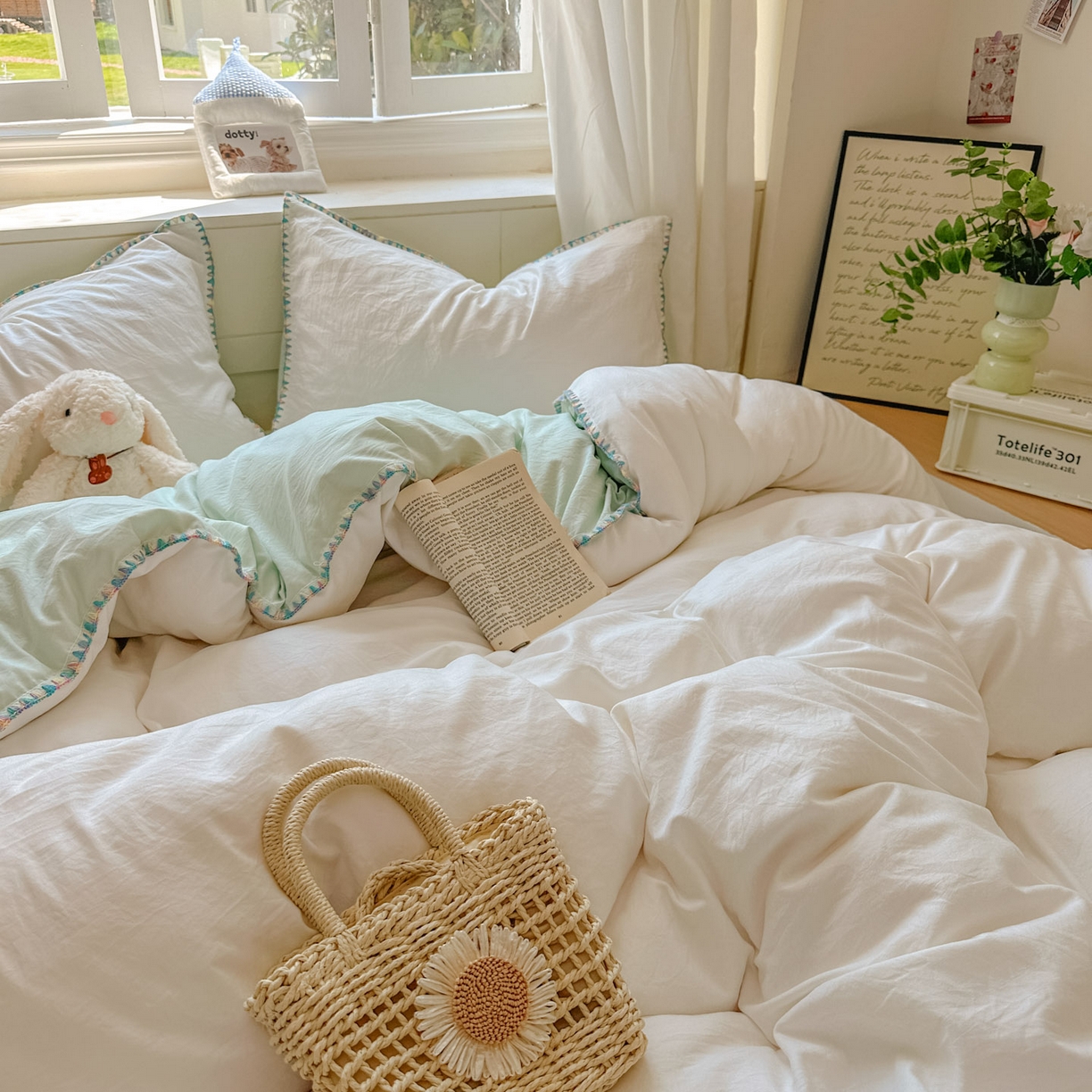 91家纺网 家纺一手货源 找家纺 冕悠家纺 2025新款A类七彩贝壳边水洗棉四件套 七彩-春芜绿奶白