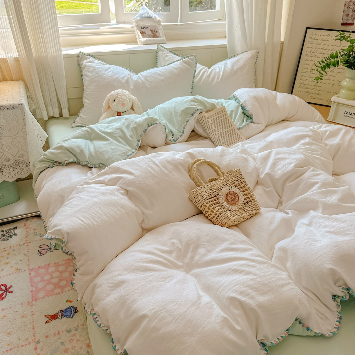 91家纺网 家纺一手货源 找家纺 冕悠家纺 2025新款A类七彩贝壳边水洗棉四件套 七彩-春芜绿奶白