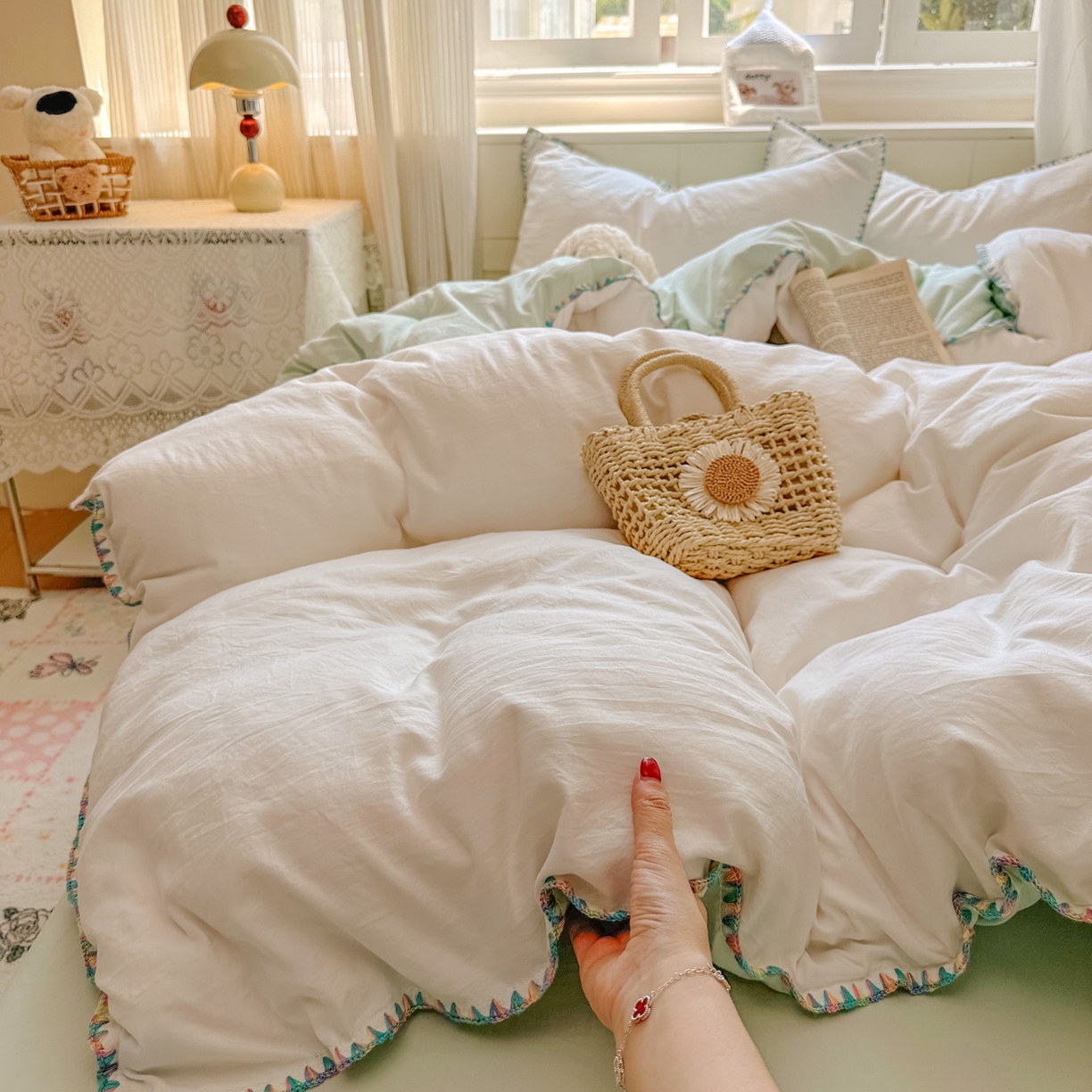 91家纺网 家纺一手货源 找家纺 冕悠家纺 2025新款A类七彩贝壳边水洗棉四件套 七彩-春芜绿奶白