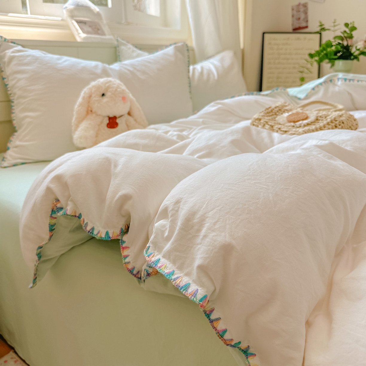 91家纺网 家纺一手货源 找家纺 冕悠家纺 2025新款A类七彩贝壳边水洗棉四件套 七彩-春芜绿奶白