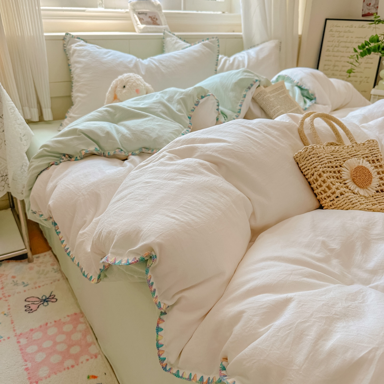 91家纺网 家纺一手货源 找家纺 冕悠家纺 2025新款A类七彩贝壳边水洗棉四件套 七彩-春芜绿奶白