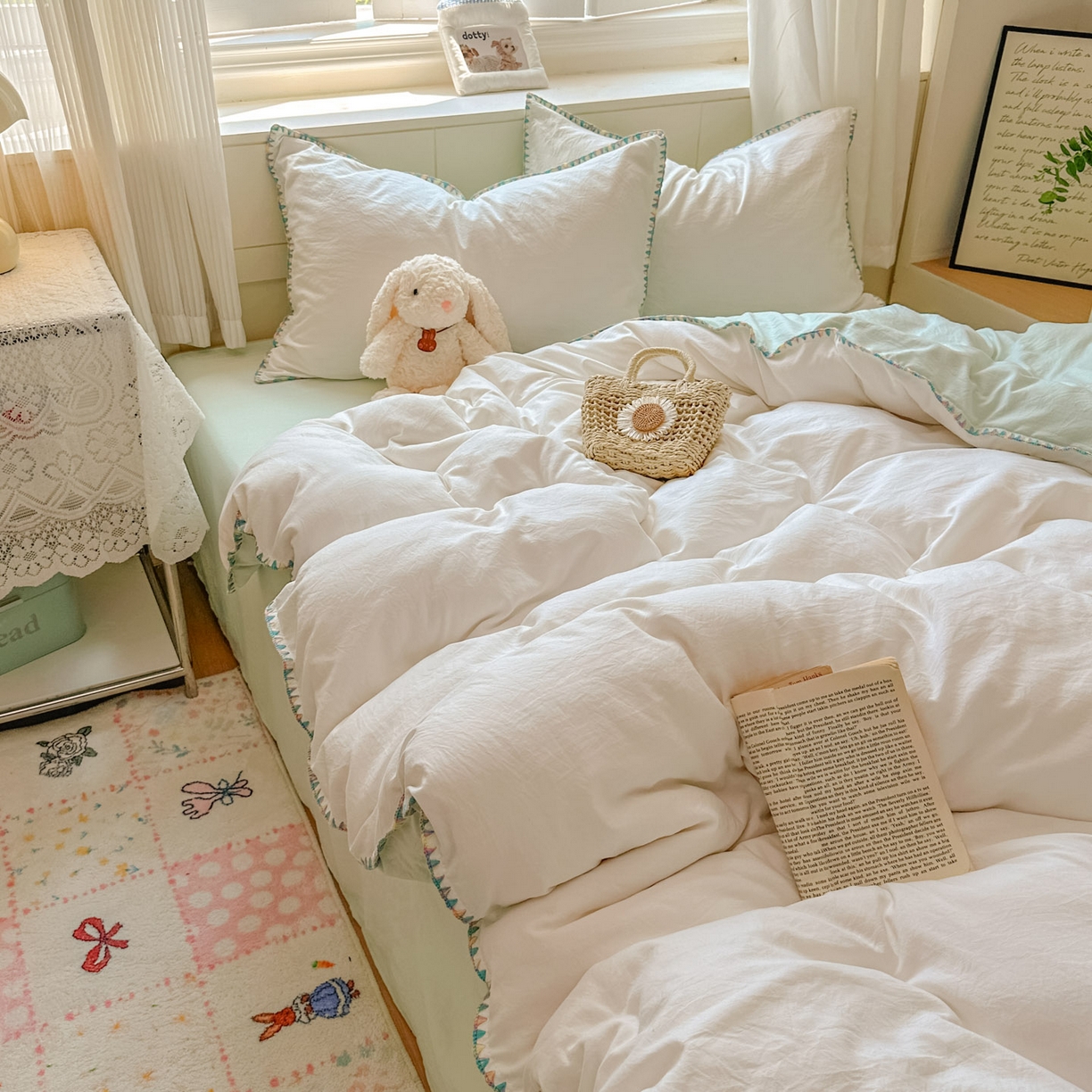 91家纺网 家纺一手货源 找家纺 冕悠家纺 2025新款A类七彩贝壳边水洗棉四件套 七彩-春芜绿奶白