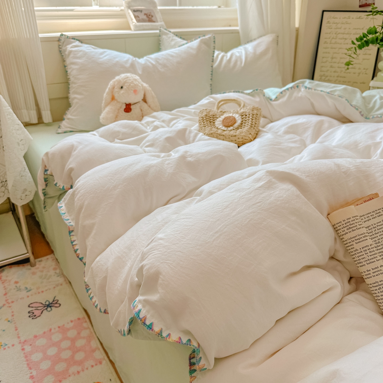 91家纺网 家纺一手货源 找家纺 冕悠家纺 2025新款A类七彩贝壳边水洗棉四件套 七彩-春芜绿奶白