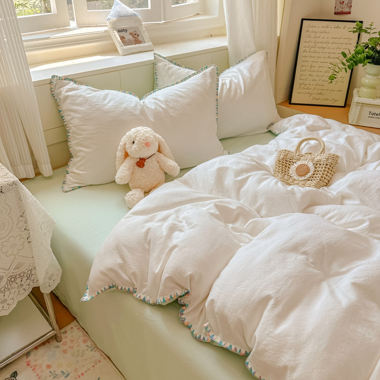 91家纺网 家纺一手货源 找家纺 冕悠家纺 2025新款A类七彩贝壳边水洗棉四件套 七彩-春芜绿奶白