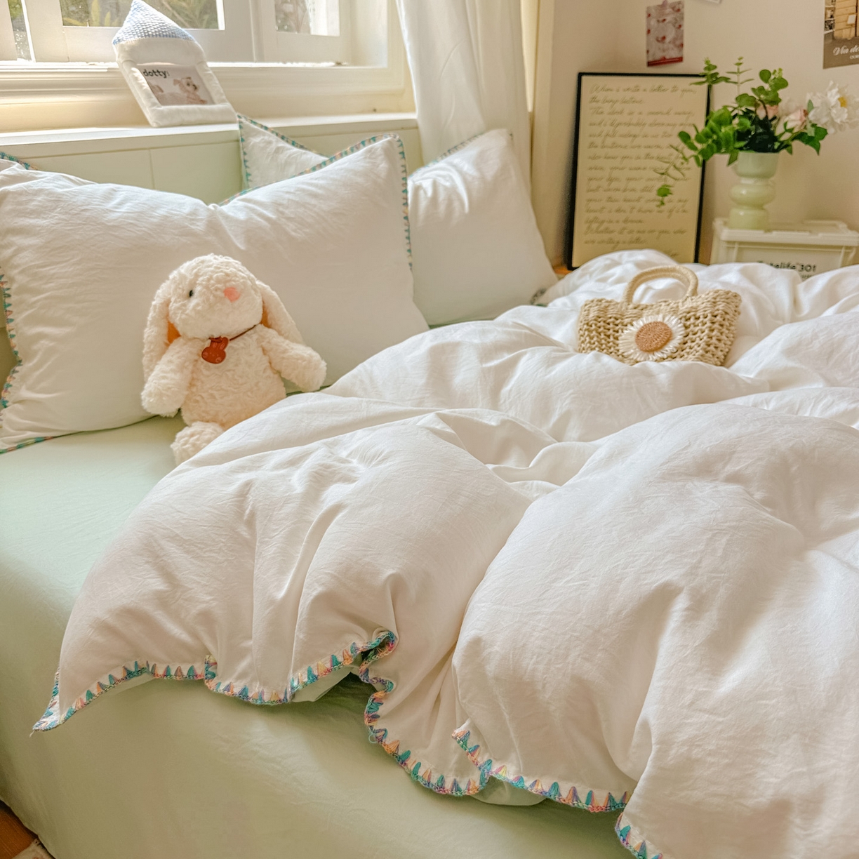 91家纺网 家纺一手货源 找家纺 冕悠家纺 2025新款A类七彩贝壳边水洗棉四件套 七彩-春芜绿奶白