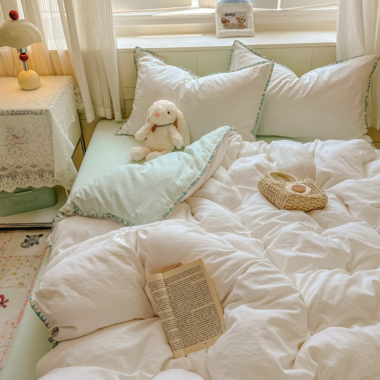 91家纺网 家纺一手货源 找家纺 冕悠家纺 2025新款A类七彩贝壳边水洗棉四件套 七彩-春芜绿奶白