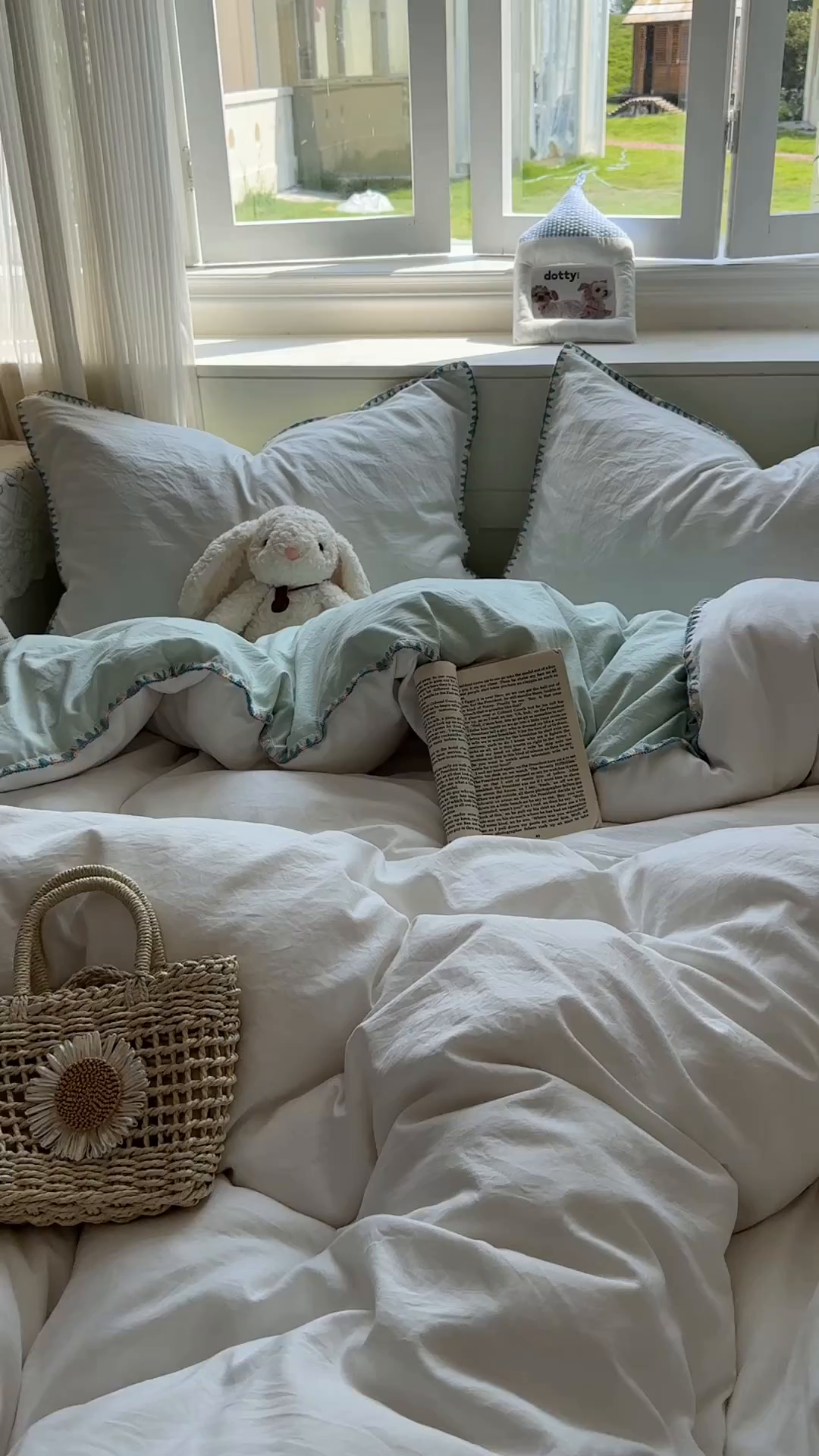 91家纺网 家纺一手货源 找家纺 冕悠家纺 2025新款A类七彩贝壳边水洗棉四件套 七彩-春芜绿奶白