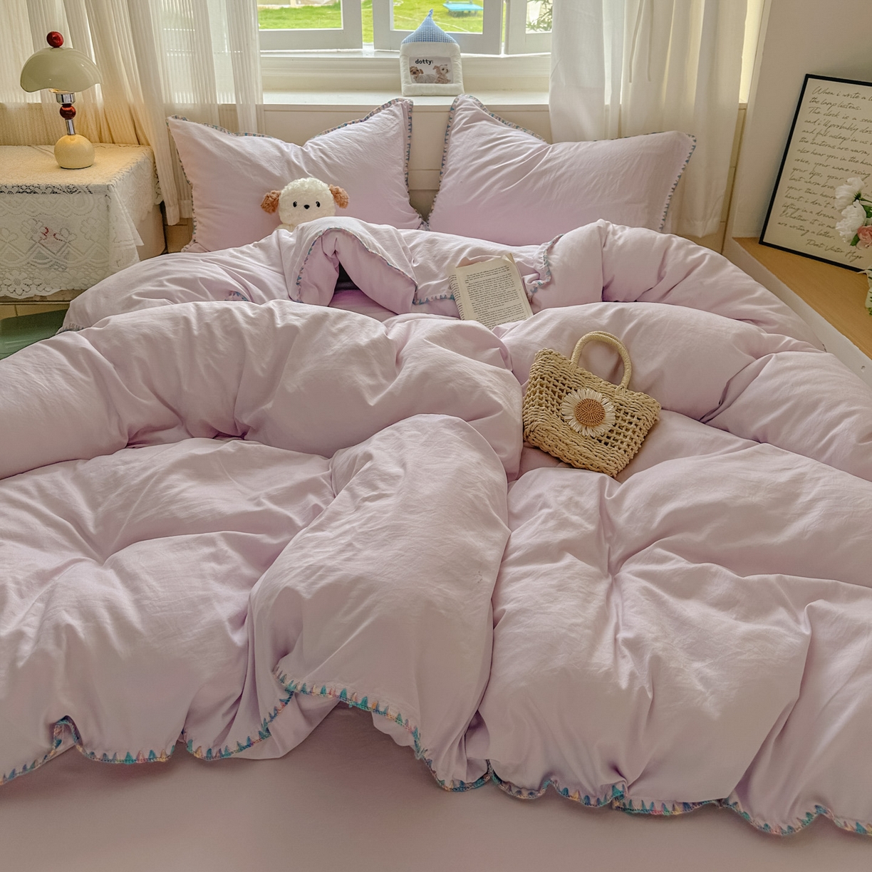 91家纺网 家纺一手货源 找家纺 冕悠家纺 2025新款A类七彩贝壳边水洗棉四件套 七彩-暮山紫