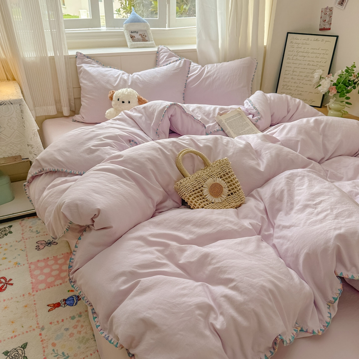 91家纺网 家纺一手货源 找家纺 冕悠家纺 2025新款A类七彩贝壳边水洗棉四件套 七彩-暮山紫