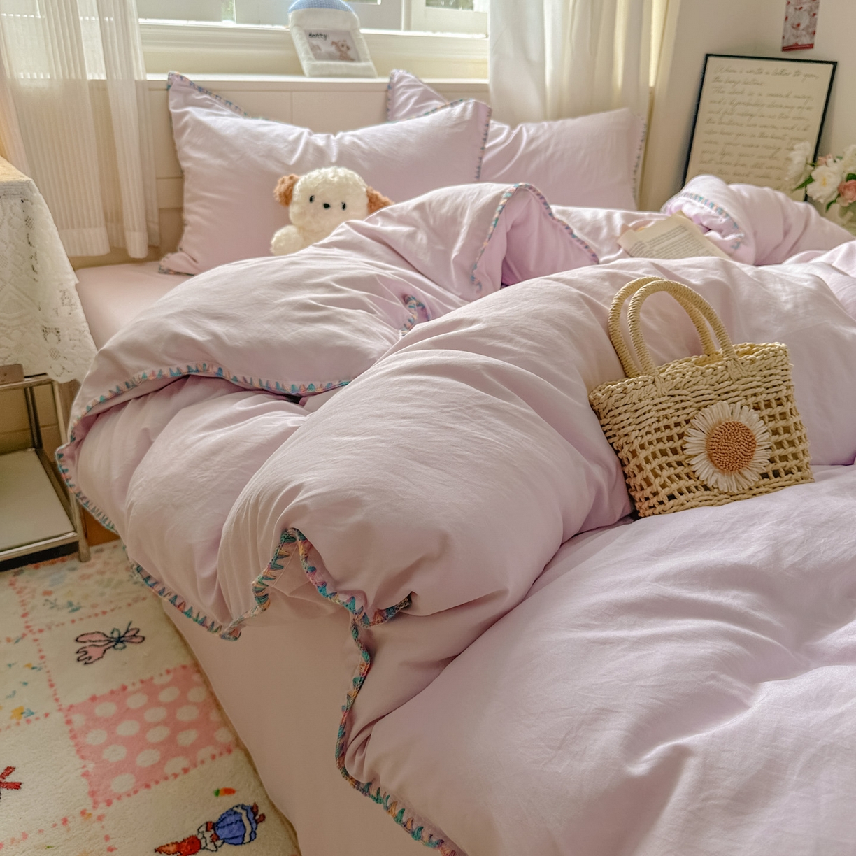 91家纺网 家纺一手货源 找家纺 冕悠家纺 2025新款A类七彩贝壳边水洗棉四件套 七彩-暮山紫