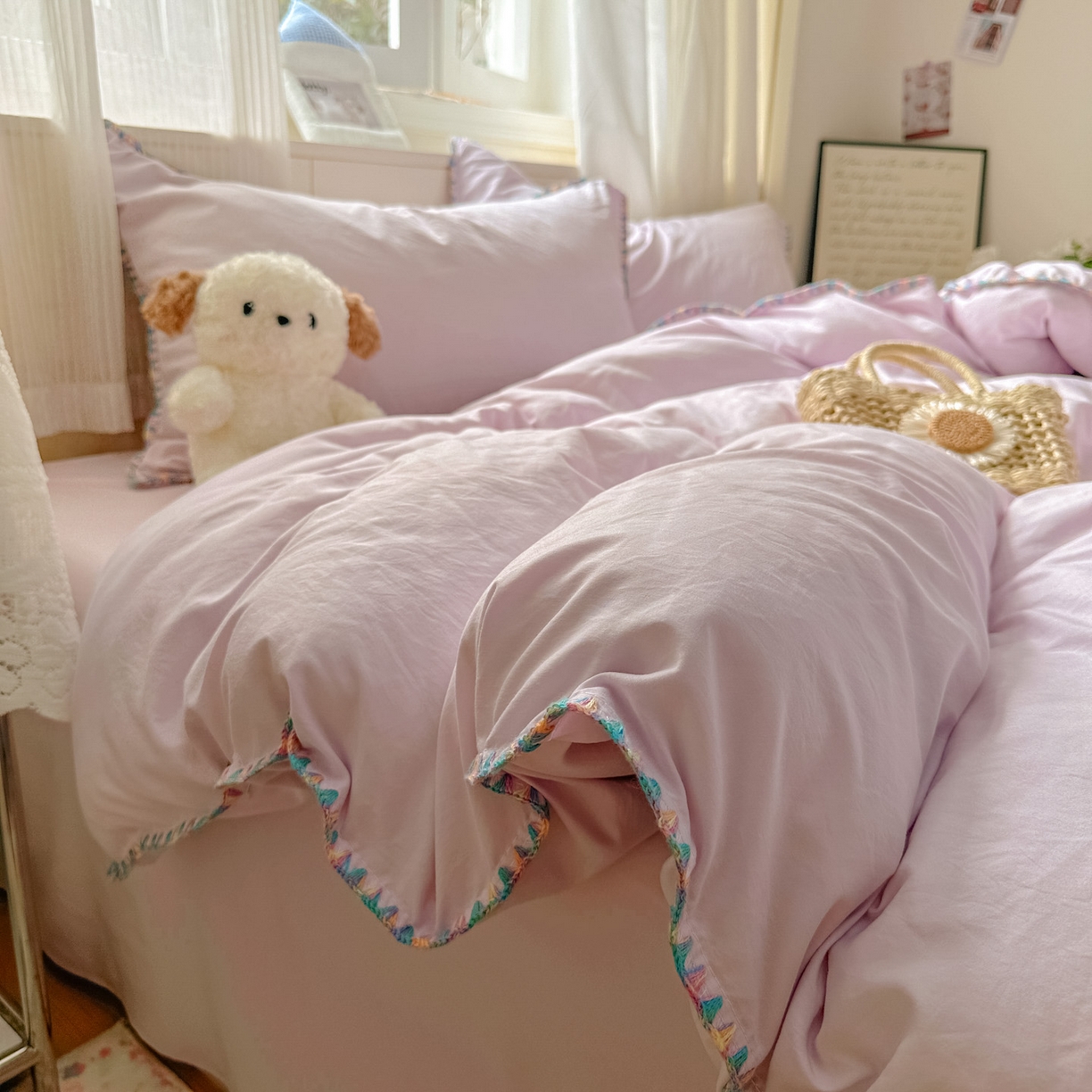 91家纺网 家纺一手货源 找家纺 冕悠家纺 2025新款A类七彩贝壳边水洗棉四件套 七彩-暮山紫