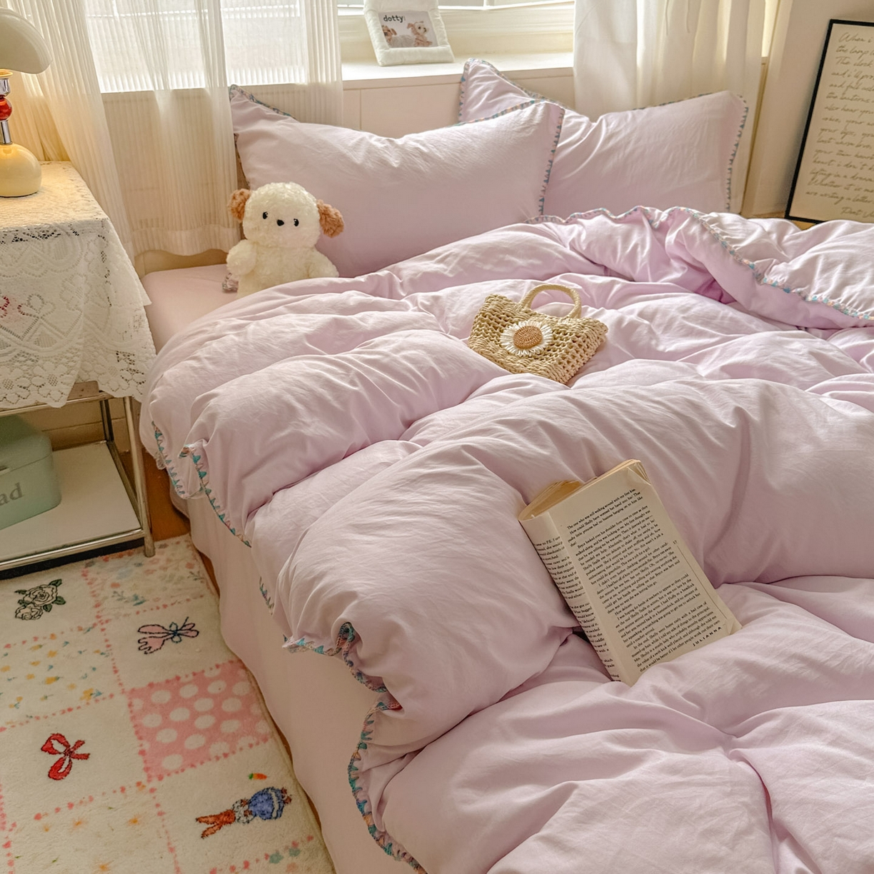 91家纺网 家纺一手货源 找家纺 冕悠家纺 2025新款A类七彩贝壳边水洗棉四件套 七彩-暮山紫