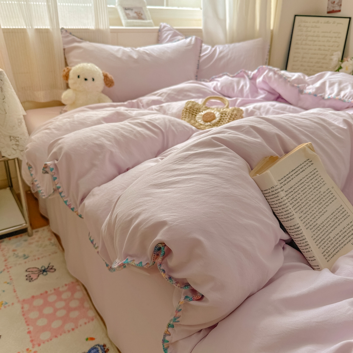 91家纺网 家纺一手货源 找家纺 冕悠家纺 2025新款A类七彩贝壳边水洗棉四件套 七彩-暮山紫