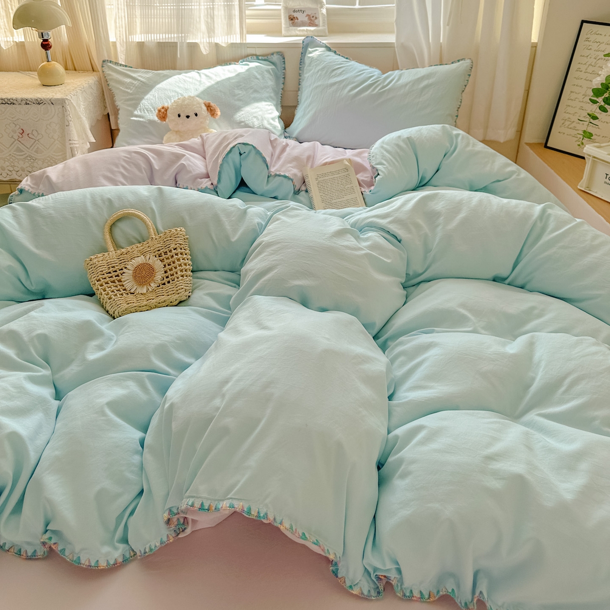 91家纺网 家纺一手货源 找家纺 冕悠家纺 2025新款A类七彩贝壳边水洗棉四件套 七彩-暮山紫云水蓝