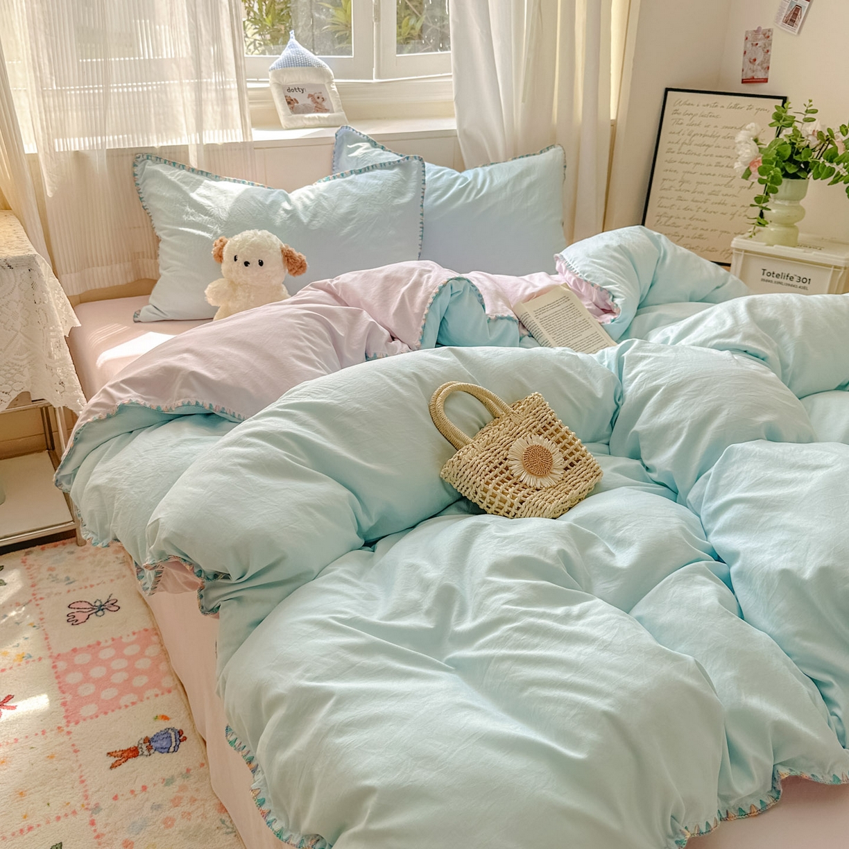 91家纺网 家纺一手货源 找家纺 冕悠家纺 2025新款A类七彩贝壳边水洗棉四件套 七彩-暮山紫云水蓝