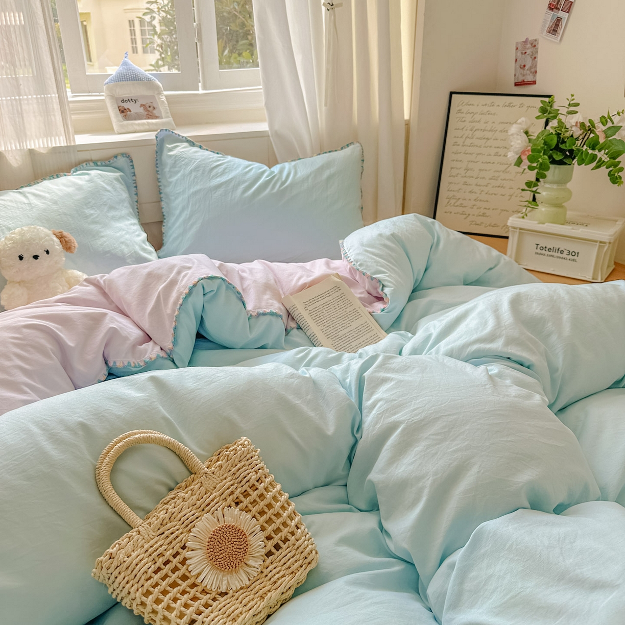 91家纺网 家纺一手货源 找家纺 冕悠家纺 2025新款A类七彩贝壳边水洗棉四件套 七彩-暮山紫云水蓝