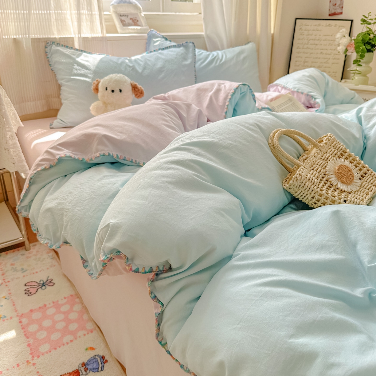 91家纺网 家纺一手货源 找家纺 冕悠家纺 2025新款A类七彩贝壳边水洗棉四件套 七彩-暮山紫云水蓝