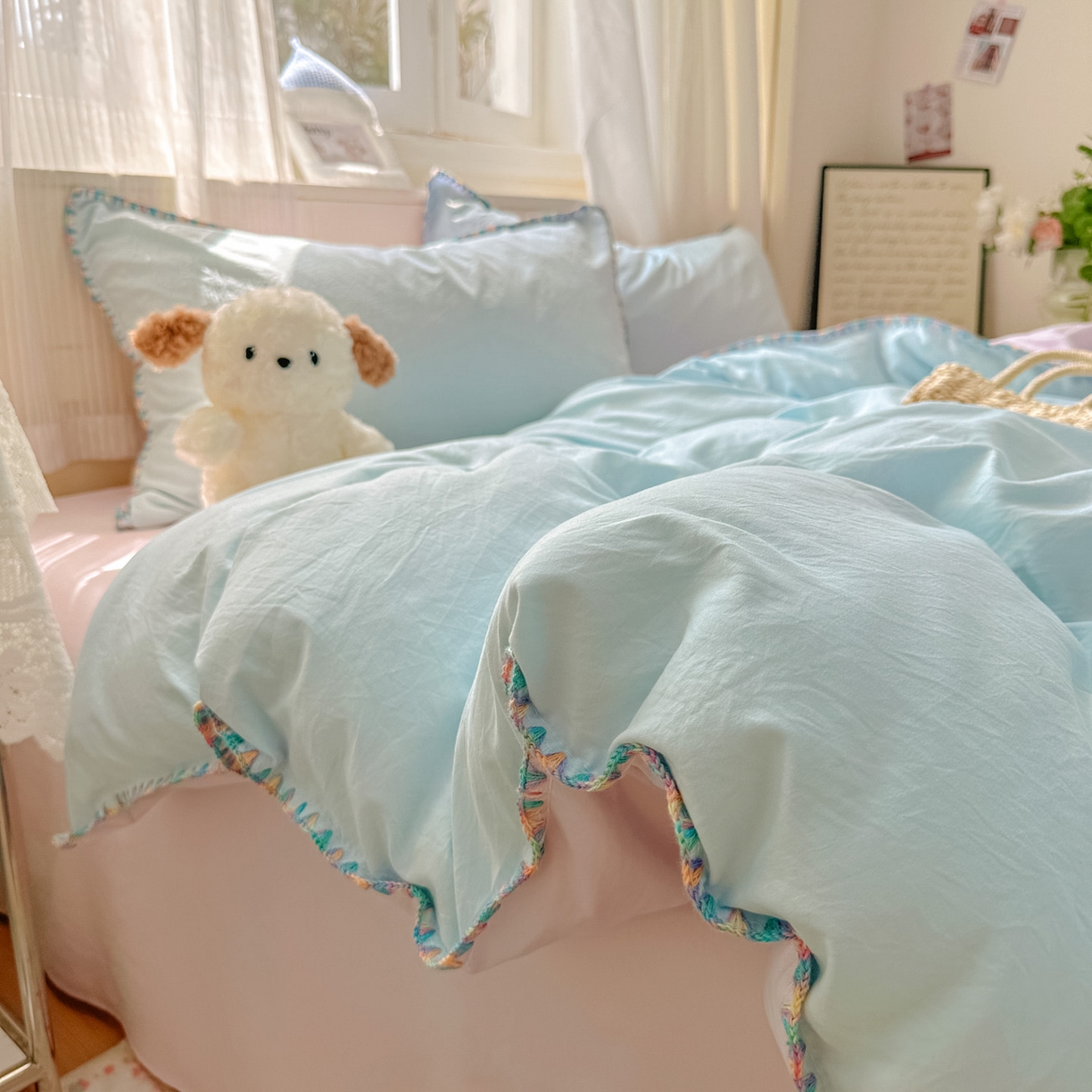 91家纺网 家纺一手货源 找家纺 冕悠家纺 2025新款A类七彩贝壳边水洗棉四件套 七彩-暮山紫云水蓝