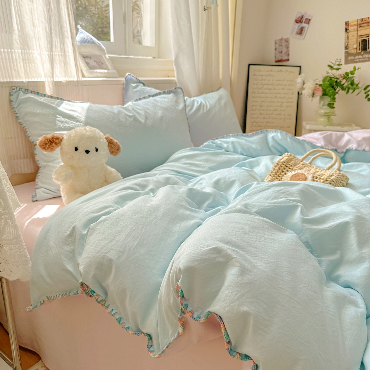 91家纺网 家纺一手货源 找家纺 冕悠家纺 2025新款A类七彩贝壳边水洗棉四件套 七彩-暮山紫云水蓝