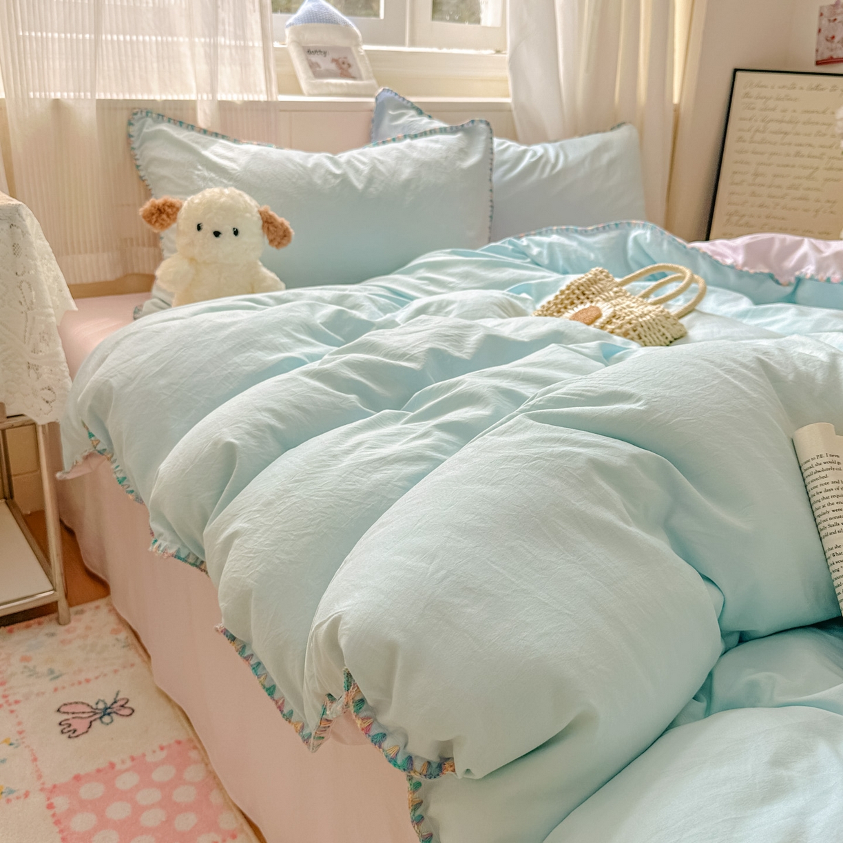 91家纺网 家纺一手货源 找家纺 冕悠家纺 2025新款A类七彩贝壳边水洗棉四件套 七彩-暮山紫云水蓝