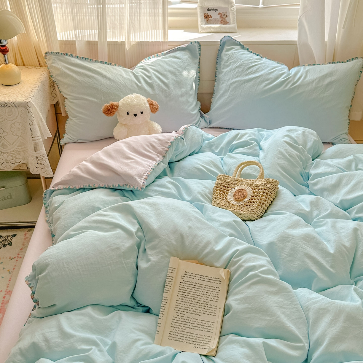 91家纺网 家纺一手货源 找家纺 冕悠家纺 2025新款A类七彩贝壳边水洗棉四件套 七彩-暮山紫云水蓝