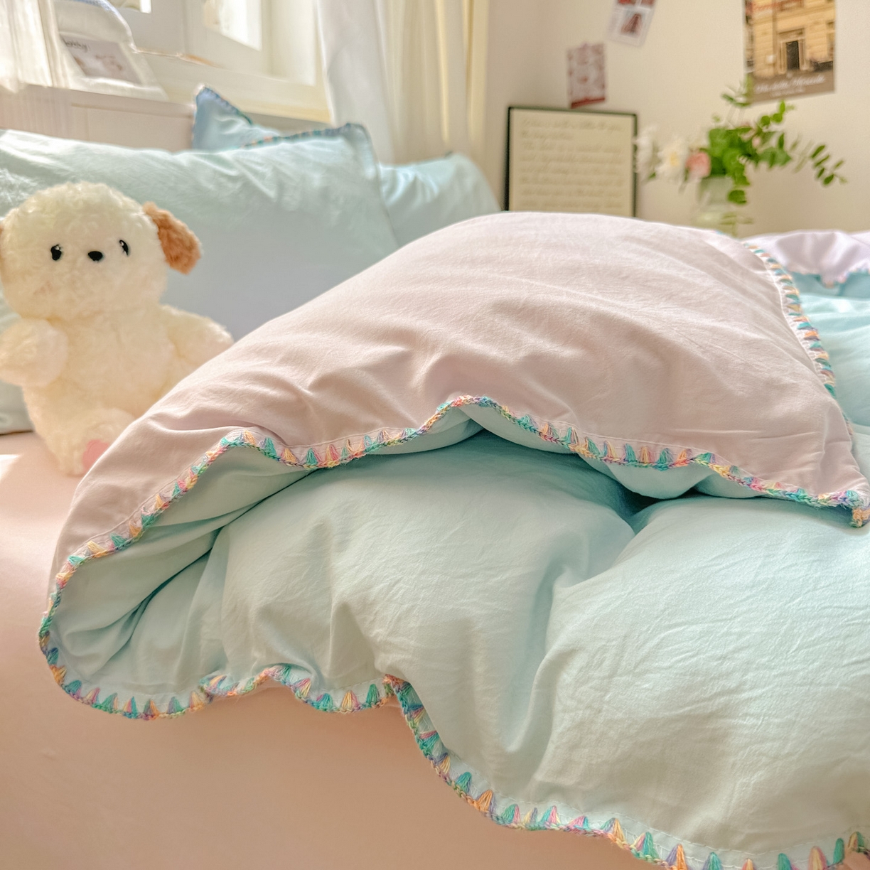 91家纺网 家纺一手货源 找家纺 冕悠家纺 2025新款A类七彩贝壳边水洗棉四件套 七彩-暮山紫云水蓝