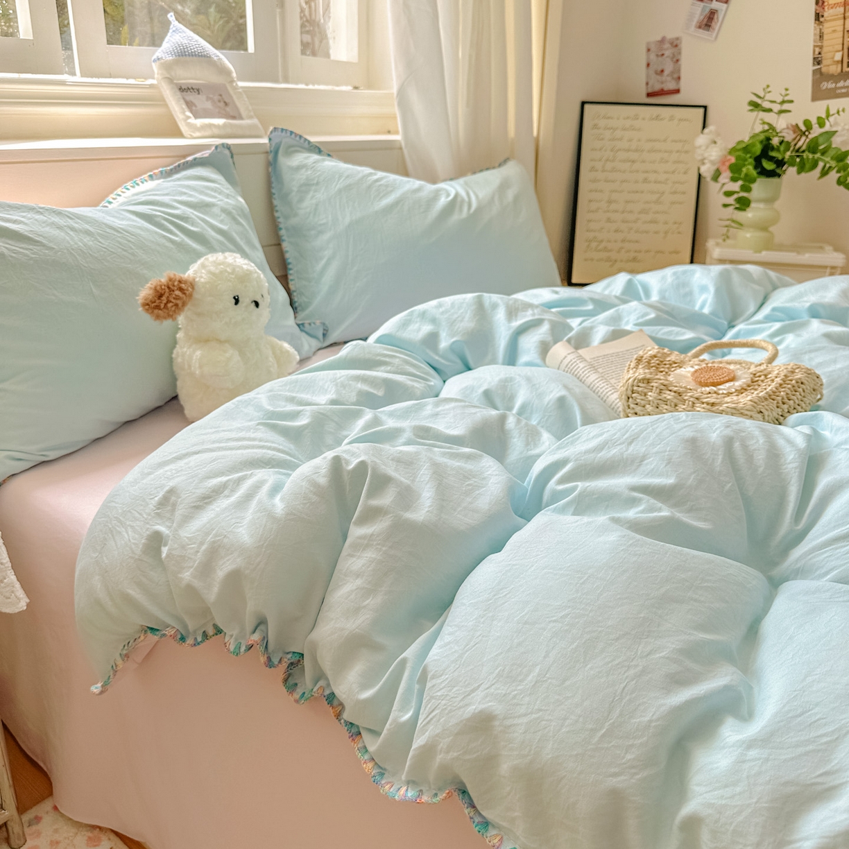 91家纺网 家纺一手货源 找家纺 冕悠家纺 2025新款A类七彩贝壳边水洗棉四件套 七彩-暮山紫云水蓝