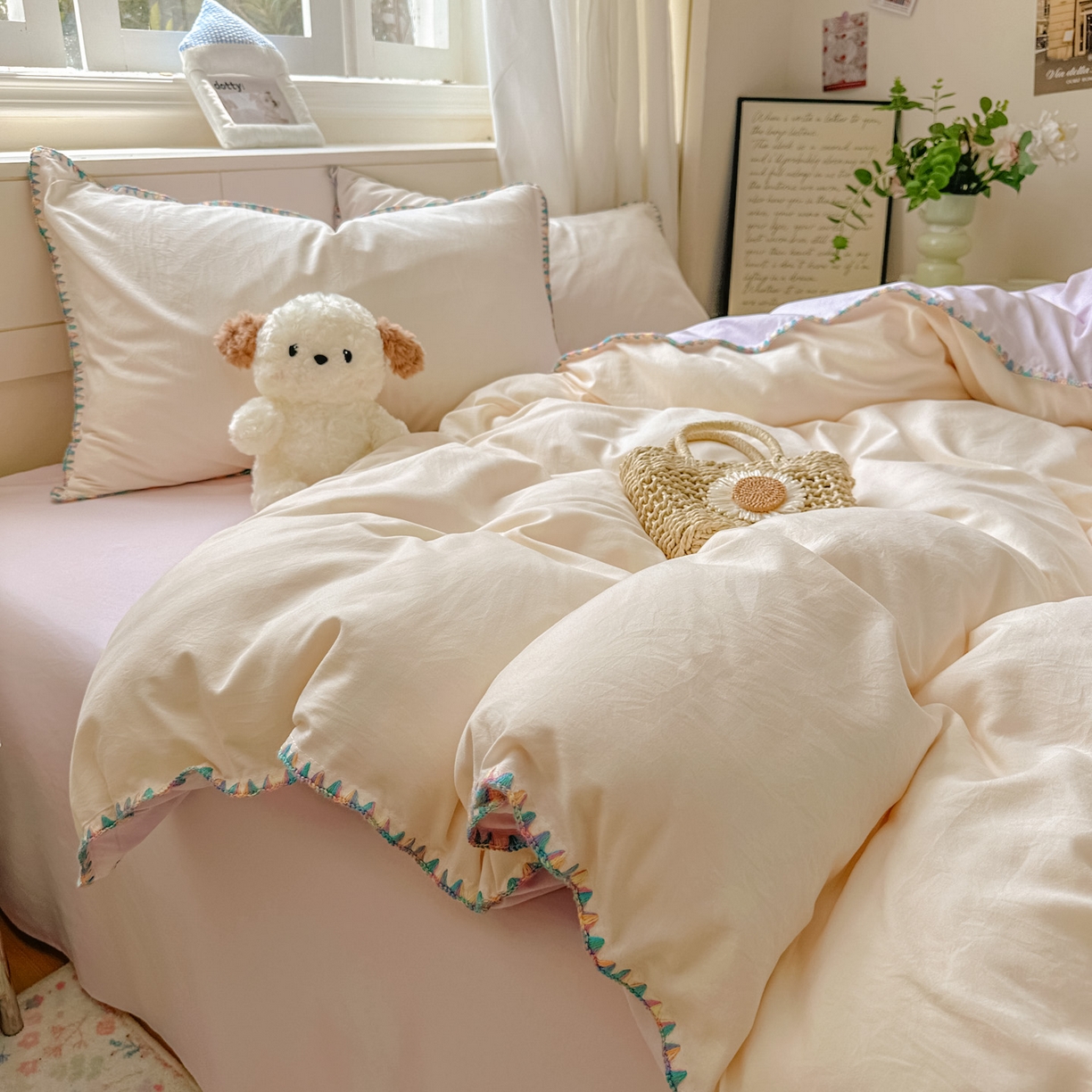 冕悠家纺 2025新款A类七彩贝壳边水洗棉四件套 七彩-暮山紫芝士粉