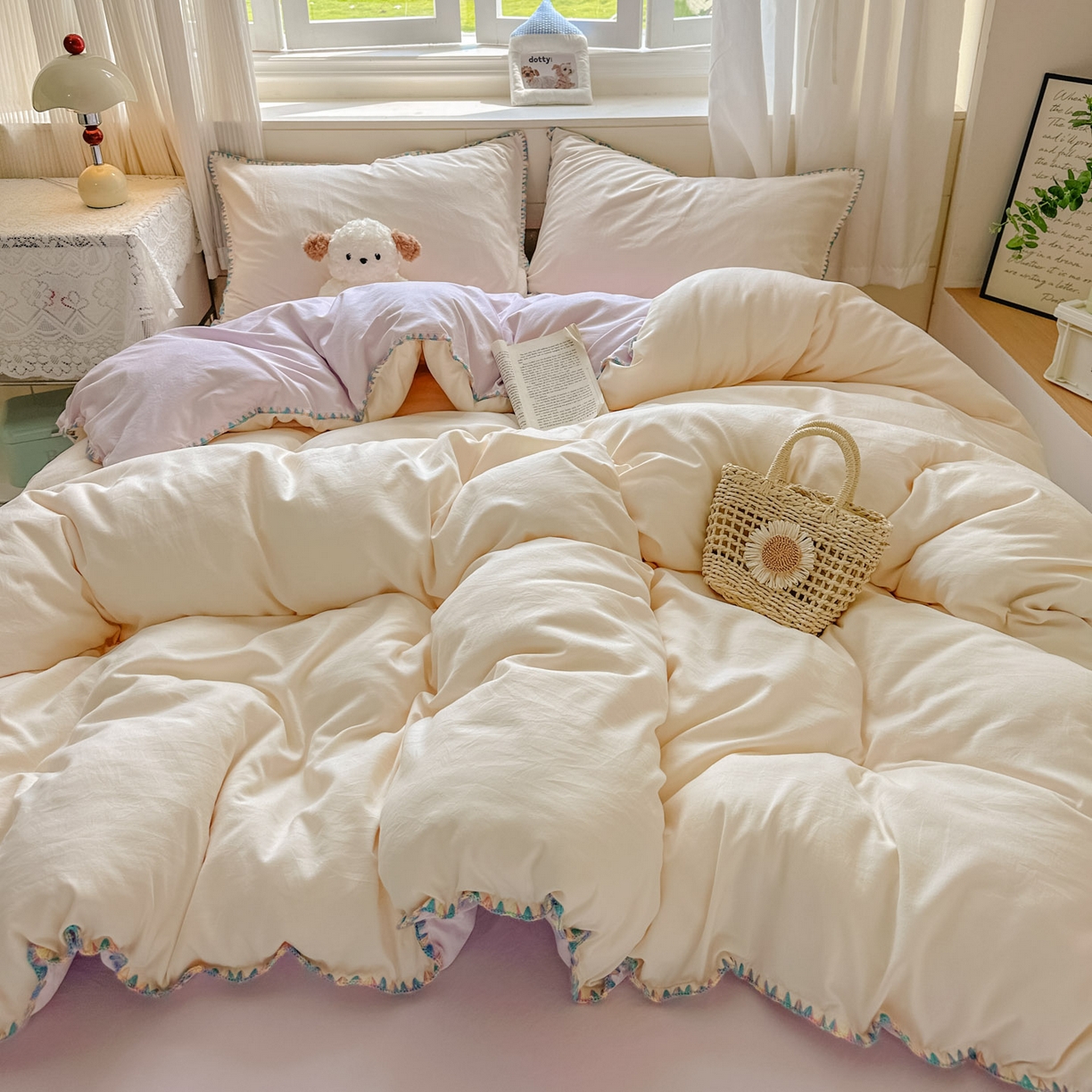 91家纺网 家纺一手货源 找家纺 冕悠家纺 2025新款A类七彩贝壳边水洗棉四件套 七彩-暮山紫芝士粉